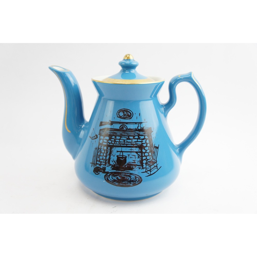 Hall Teapot Blue Gold Colonial‎ Fireplace Hearth 6 Cup Ceramic 0066 Good